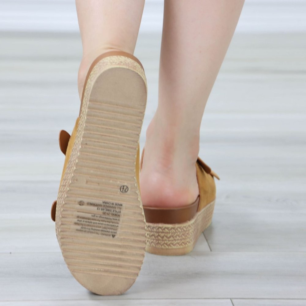Suede Tan Double Straps Comfort Platform Sandal Slip On Sliders - Picture 6 of 13